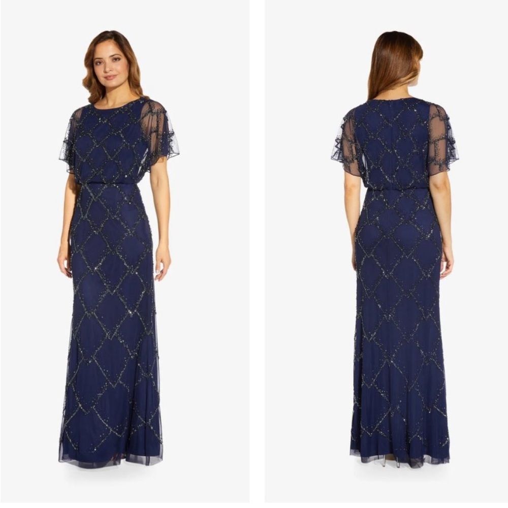 NWT Adrianna Papell | Hand Beaded Blouson Long‎ Gown Flutter Sleeves Navy Blue 2